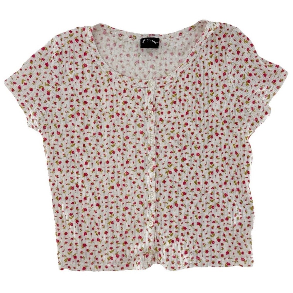 Art Class Girls Ribbed White Shirt Microfloral Tee Top Size M (7/8) Cottage FLAW